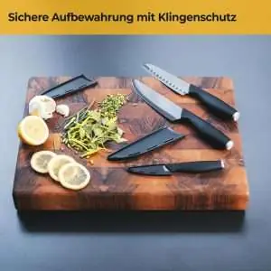 100531 - Keramik Küchenmesser Set bestehend aus einem Chef- & Schäl- & Santokumesser - auf Schneidebrett