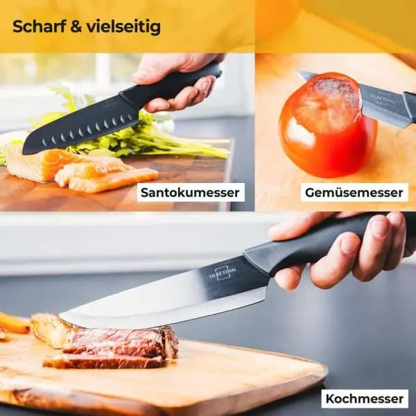 100531 - Keramik Küchenmesser Set bestehend aus einem Chef- & Schäl- & Santokumesser - scharf und vielseitig
