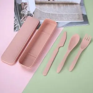 103313-Picknickset L aus Weizengras für 4 Personen und wiederverwendbar - Besteckset rosa