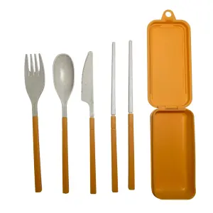 103308A-Faltbares Besteckset aus Weizengras für 4 Personen und wiederverwendbar in orange - 1 Set