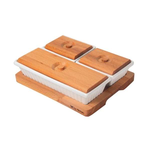 103602A-Servierschalen Set mit Tablett bestehend aus einem Serviertablett und 3 Porzellanschalen mit Holzdeckeln