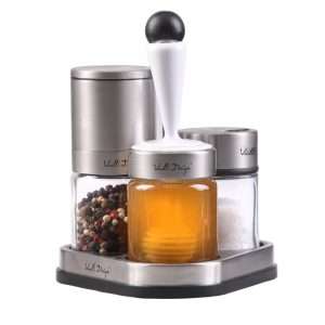 103504-Set aus Salzstreuer, Pfeffermühle und Honigspender aus 4 Teilen - mit Salz. Pfeffer und Honig