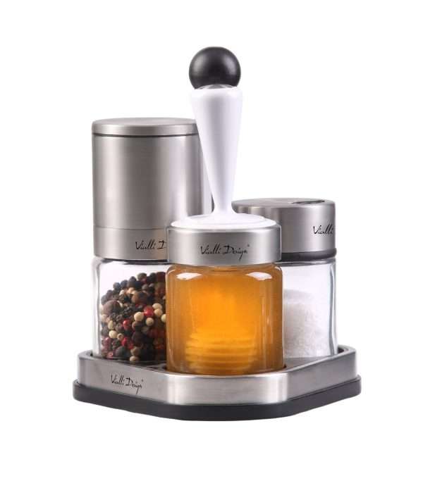 103504-Set aus Salzstreuer, Pfeffermühle und Honigspender aus 4 Teilen - mit Salz. Pfeffer und Honig