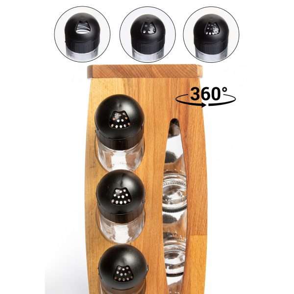 103609-Rotierendes Gewürzregal mit 6 Gläser. Handgemacht und aus FSC-zertifiziertem Holz - 3 Arten von Streuöffnungen