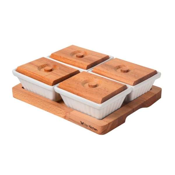 103602B-Servierschalen Set mit Tablett bestehend aus einem Serviertablett und 4 Porzellanschalen mit Holzdeckeln
