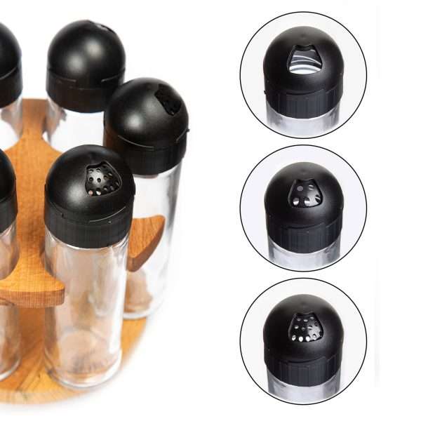 103608-Gewürzkarussell mit Gläser bestehend aus 6 Gläser zu 105 ml und einem drehbaren Holzständer. Handgemacht und aus FSC-zertifiziertem Holz - Streuöffnungen