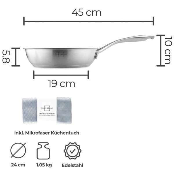 100542A-Beschichtete Induktionspfanne aus Edelstahl 24 cm für fettarmes Kochen - Angaben und Maße