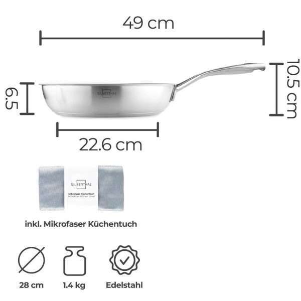 100542B-Beschichtete Induktionspfanne aus Edelstahl 28 cm für fettarmes Kochen - Angaben und Maße
