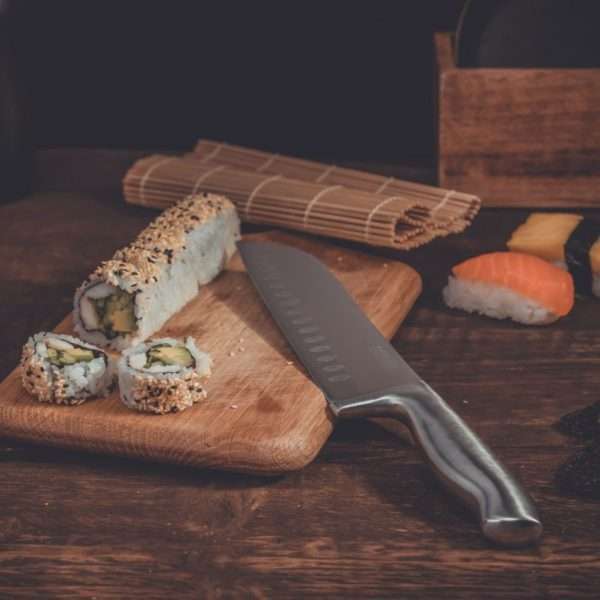 103118-Profi-Santokumesser-31 cm aus einem Stück japanischem Edelstahl mit Kullenschliff gegen Anhaften - mit Sushi