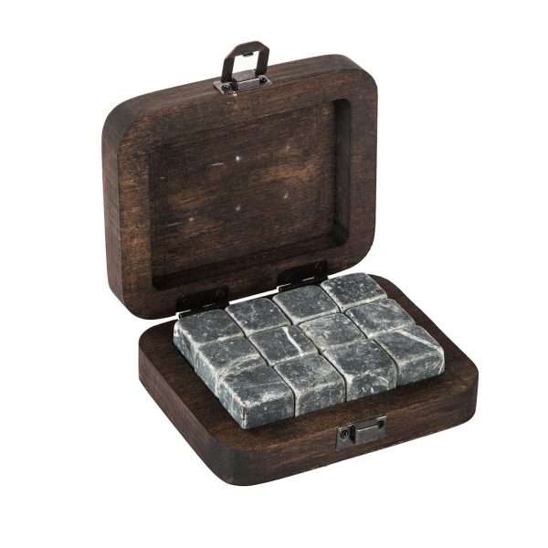 103606-Whiskeysteine aus Marmor mit 12 Steinen und einer Aufbewahrungsbox aus Walnussholz. Wiederverwendbar, handgemacht und FSC-Zertifiziert
