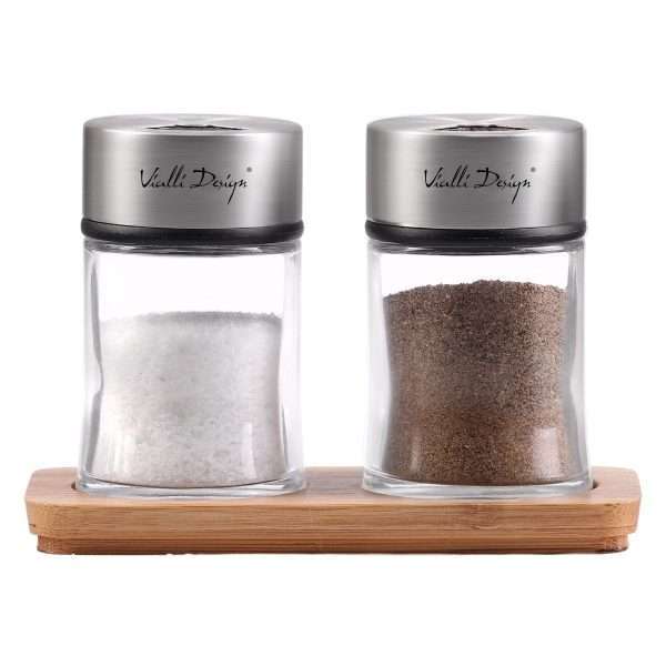 103503-Salz- und Pfefferstreuer Set aus 3 Teilen mit Bambus-Untersetzer - mit Salz und Pfeffer