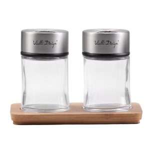 103503-Salz- und Pfefferstreuer Set aus 3 Teilen mit Bambus-Untersetzer