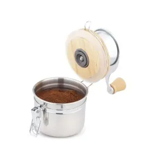 1003B34-Klassische Kaffeemühle mit stufenlos verstellbarem Keramikmahlwerk aus Edelstahl und Holz - mit Kaffee im Auffangbehälter