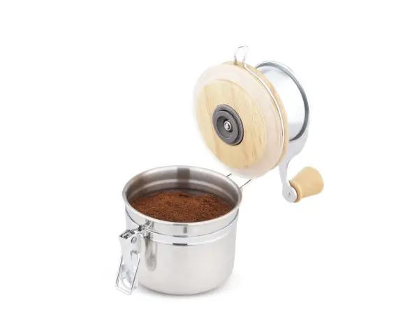 1003B34-Klassische Kaffeemühle mit stufenlos verstellbarem Keramikmahlwerk aus Edelstahl und Holz - mit Kaffee im Auffangbehälter