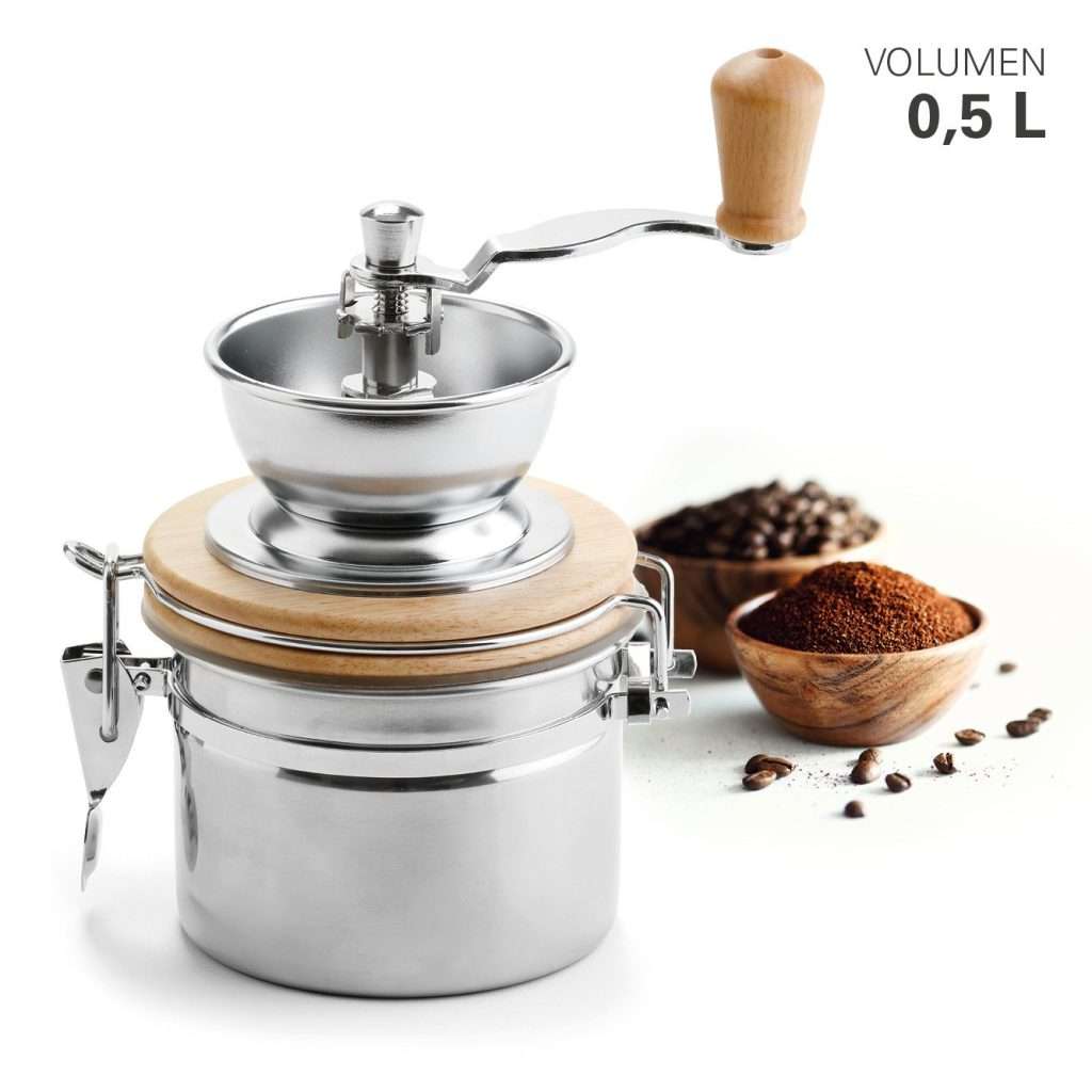 1003B34-Klassische Kaffeemühle mit großer Kaffeedose und mit stufenlos verstellbarem Keramikmahlwerk aus Edelstahl und Holz