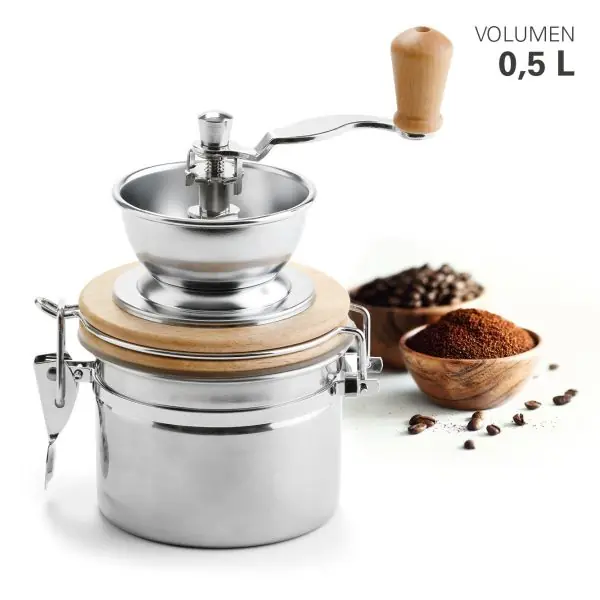 1003B34-Klassische Kaffeemühle mit stufenlos verstellbarem Keramikmahlwerk aus Edelstahl und Holz - für 0,5 Liter