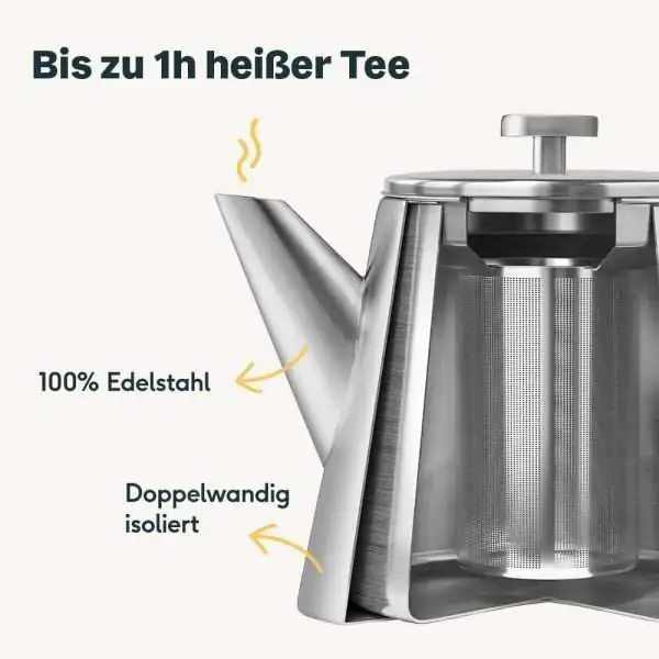 Doppelwandige Teekanne mit ultrafeinem Sieb aus Edelstahl für 1 Liter losen Tee - Angaben