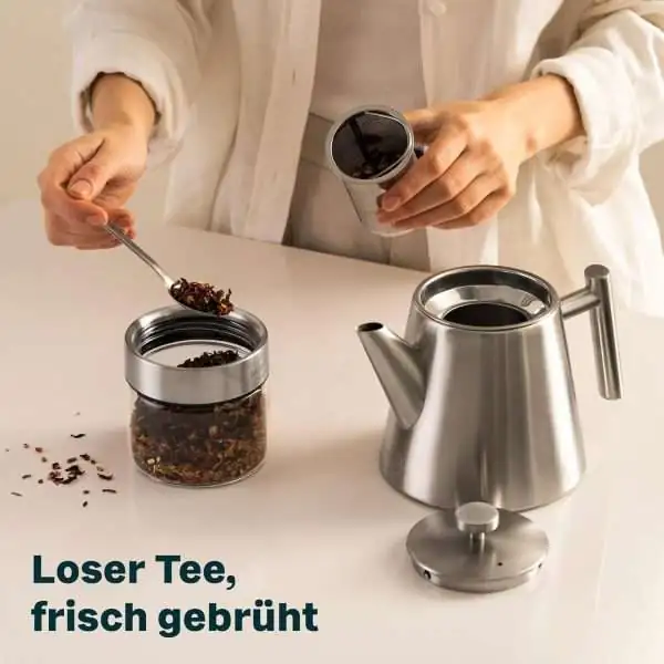 Doppelwandige Teekanne mit ultrafeinem Sieb aus Edelstahl für 1 Liter losen Tee - loser Tee