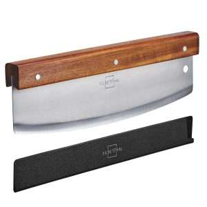 100546-Pizzaschneider Wiegemesser aus Akazienholz und Edelstahl - mit Klingenschutz