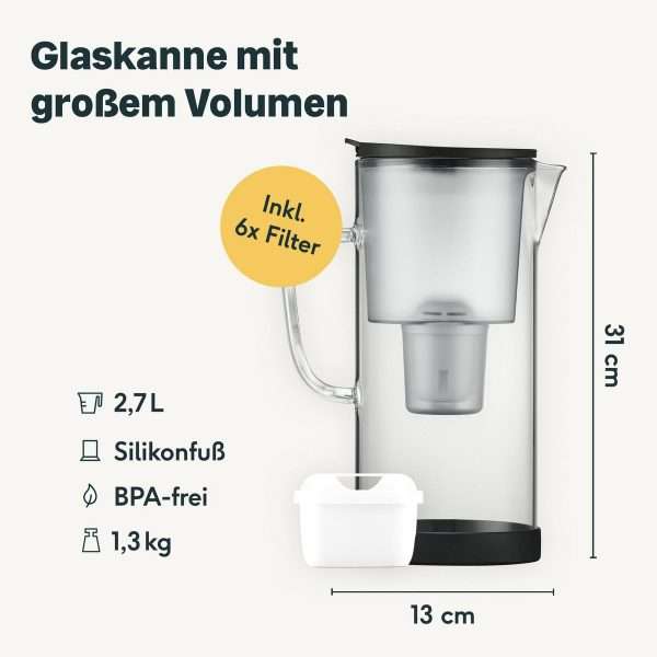 Wasserfilter Kanne 2700ml aus Glas - Glaskanne mit großem Volumen